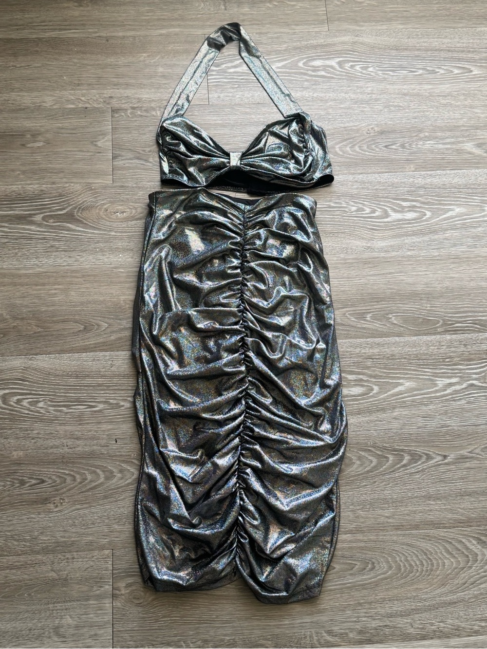Holographic Ruched Fitted “Mermaid” style skirt and crop set